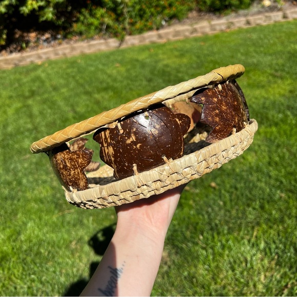 Hand Woven SeagrassTurtle Carved Coconut Shell Round Basket - Picture 2 of 8